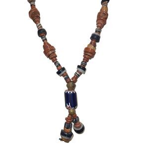 Antique Tribal Venetian Chevron Bauxite Trade Pottery & Beaded Heavy Necklace